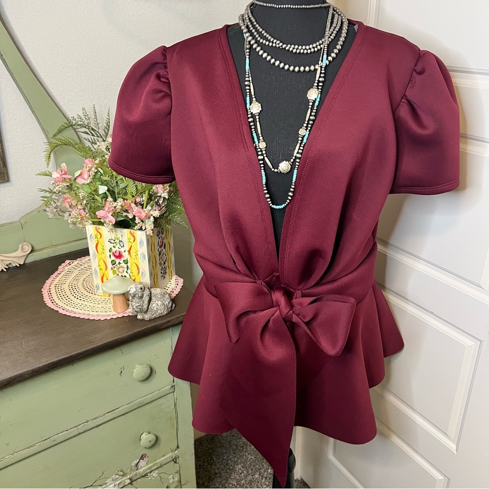 Boutique NWT Maroon Wine Open Bow Tie Front Peplum Blouse Plus Sz 1X Career